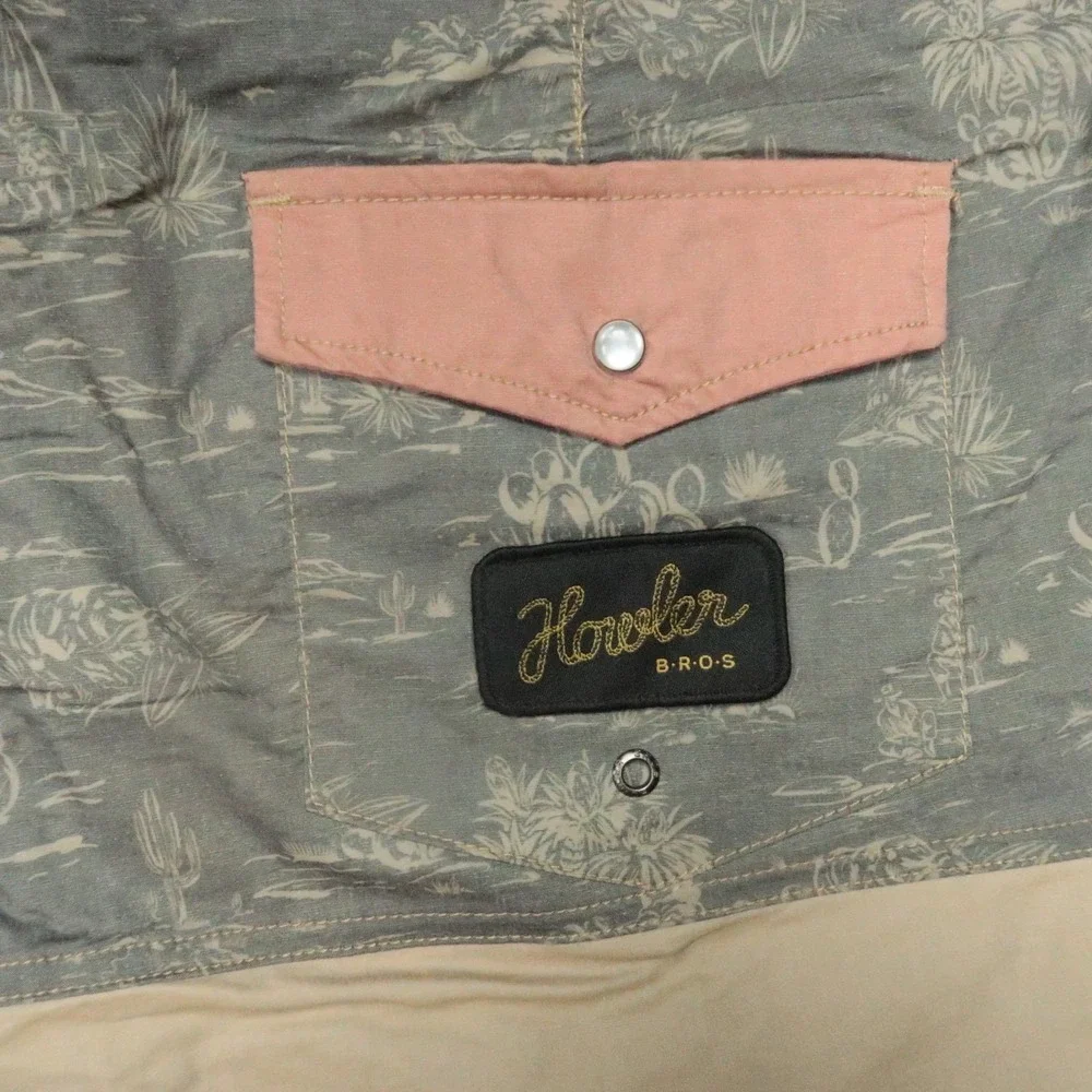 Howler Bros Shorts Men 35 Tan Los Vaqueros Desert Print Snap Pocket Stretch Swim